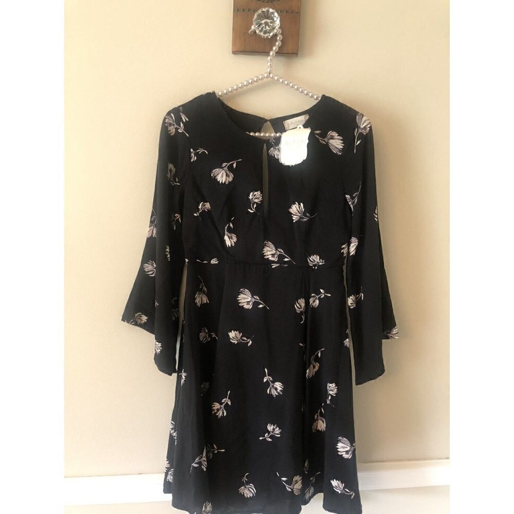 NWT Altar'd State Womens XS Black Floral Dress Bell Sleeves Open Back